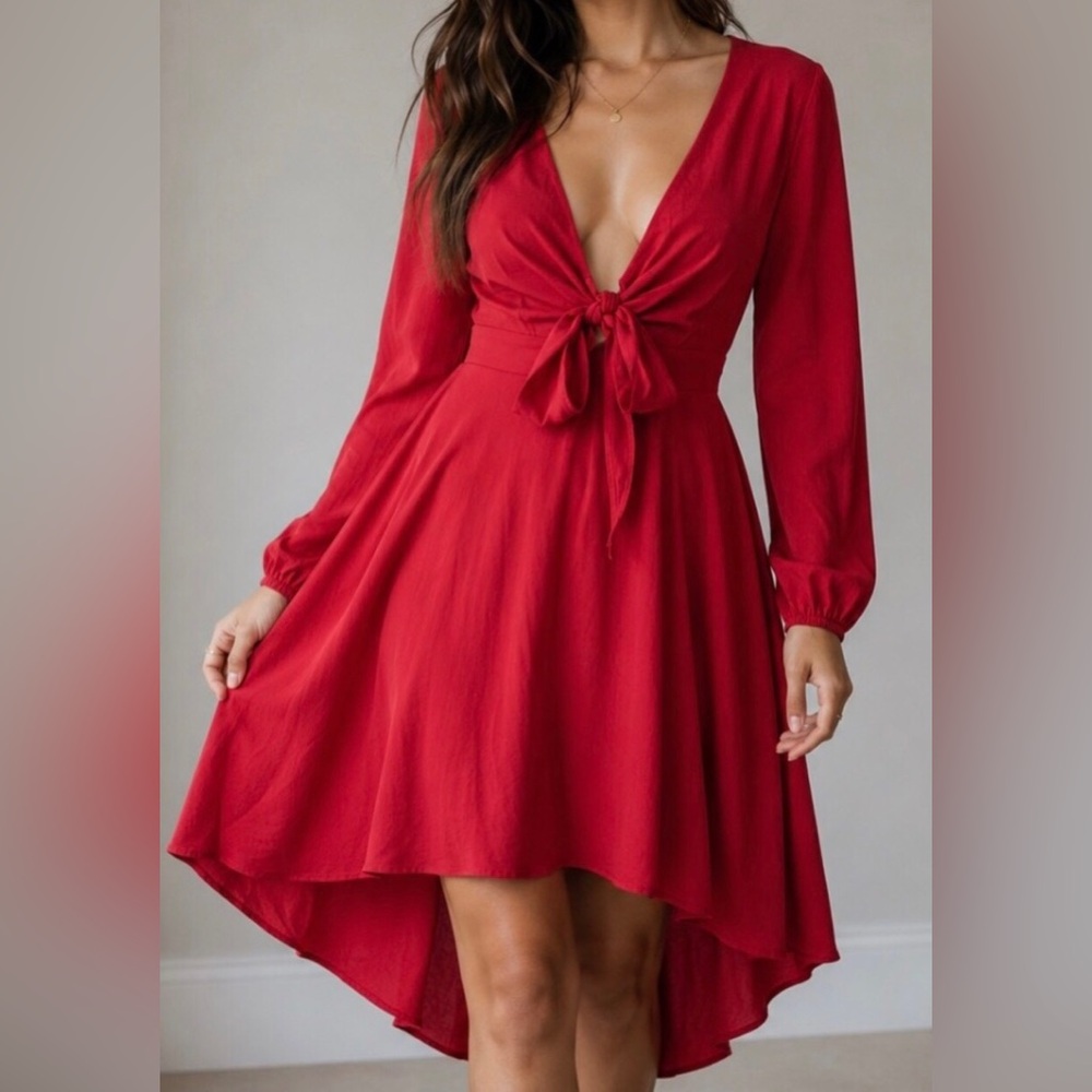 Petal and Pup High Low Dress Wine Red Long Sleeve Front Tie Size 4